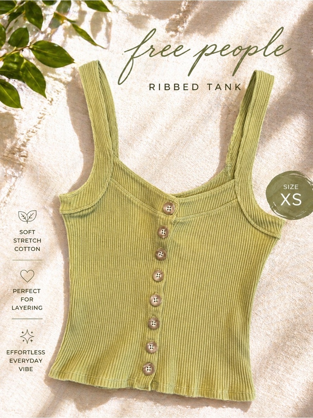 Free People Ribbed Button Front Tank Top Green XS Stretch Cotton